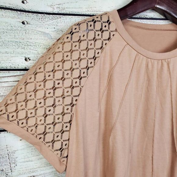 SHEIN Curve 4XL Taupe Blouse Crochet Sleeve Short Sleeve Soft Stretch Tee - Picture 2 of 6